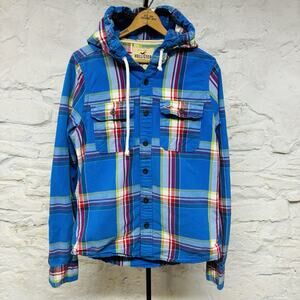 Hollister Mens Hooded Shirt Jacket Blue Plaid Long Sleeve Size M Shacket Medium